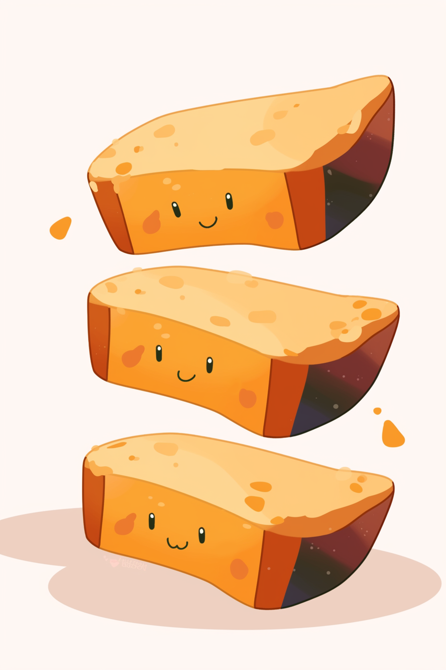 Thanksgiving food drawing ideas featuring three smiling slices of cornbread with a cute and cheerful appearance.